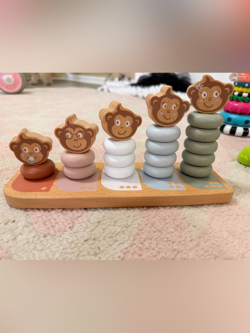 Wooden Monkey Stacker Learning Toy - Pastel Pink, White, Light Blue, Sage